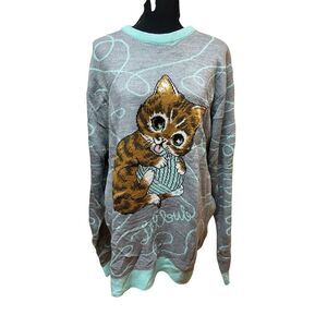 Good Job Lil Bub 3XL kitten playing Knit Sweater blue Cat Yarn cartoon tabby